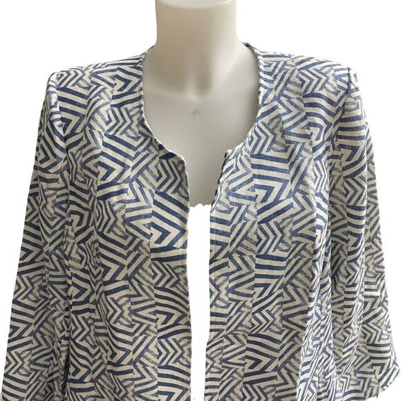 3 SISTERS BLUE ARROW AZTEC PRINT OPEN FRONT BLAZER / COAT 100% LINEN SZ L NEW! - Picture 2 of 12